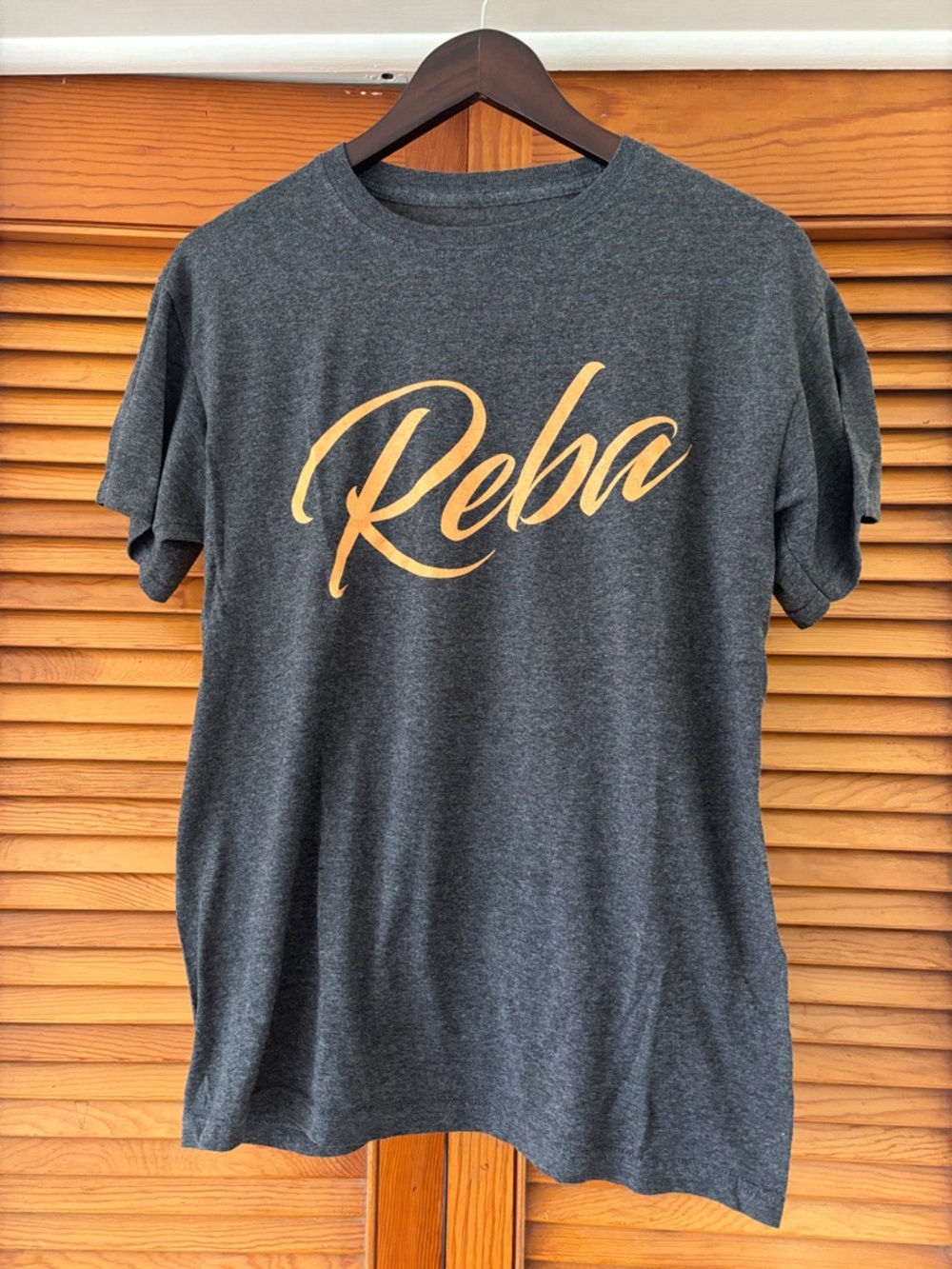Reba Charcoal Tee with Gold Script Logo